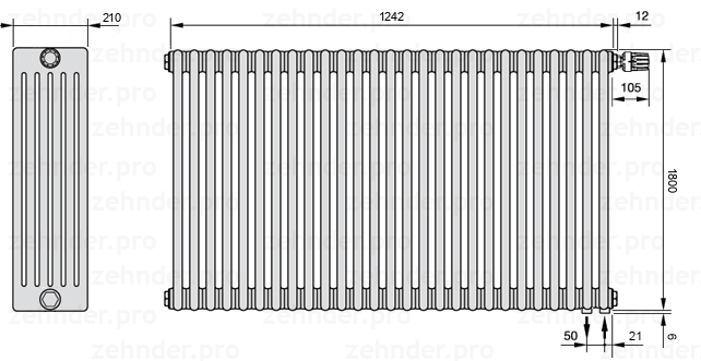 Схема (чертеж) Радиатор Zehnder Charleston 6180/27 №V002 Белый глянцевый RAL 9016